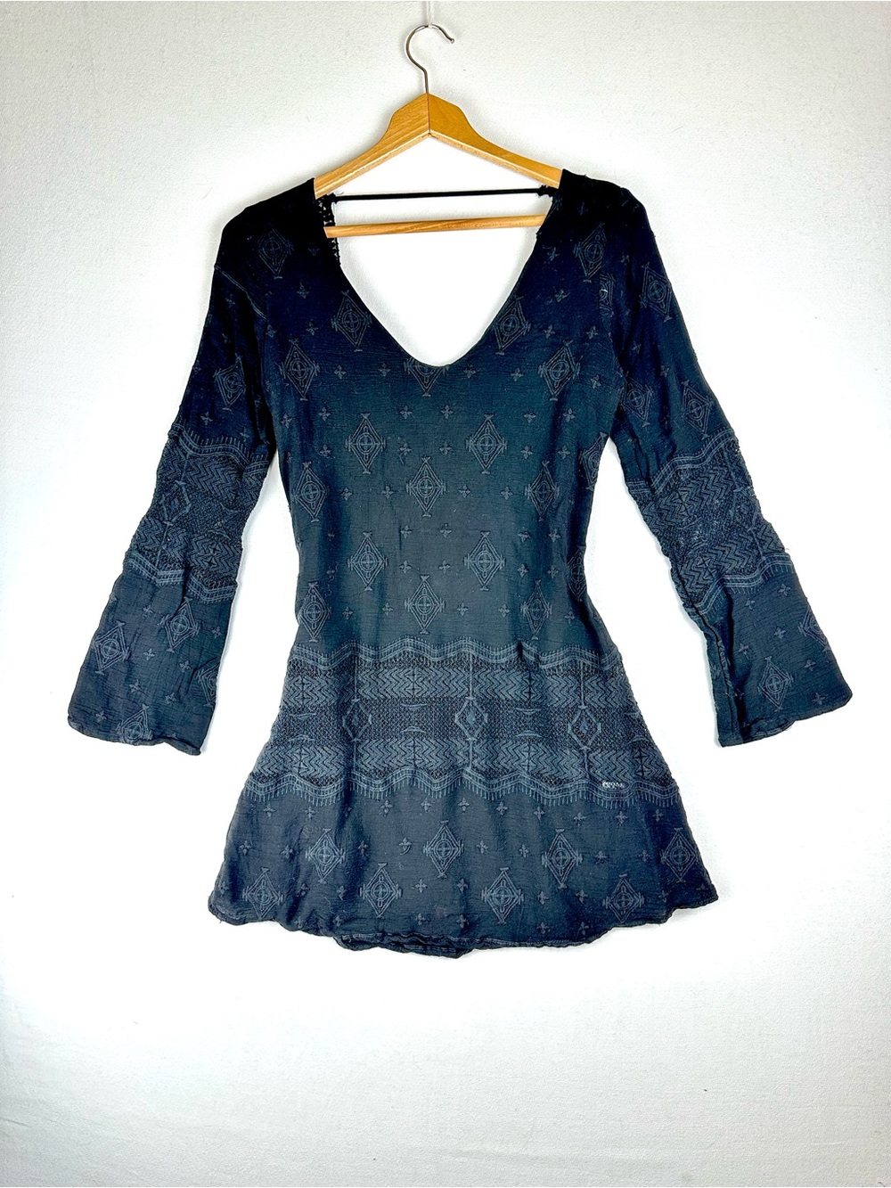 LIV Los Angeles Embroidered Crochet Low Back Mini Dress Bell Sleeve Whimsigoth